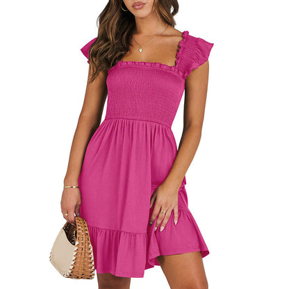 Casual Sleeveless Square Neck Smocked Ruffle Dress