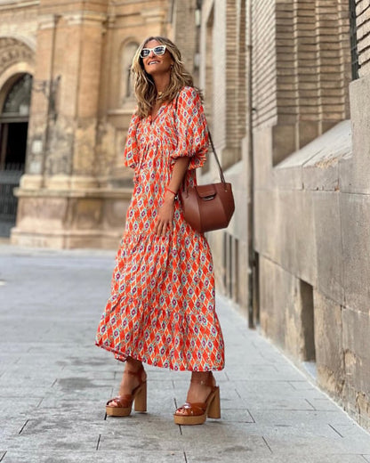 🌸Summer Specials🌸Women's Elegant Puff Sleeve Floral Boho Maxi Dress
