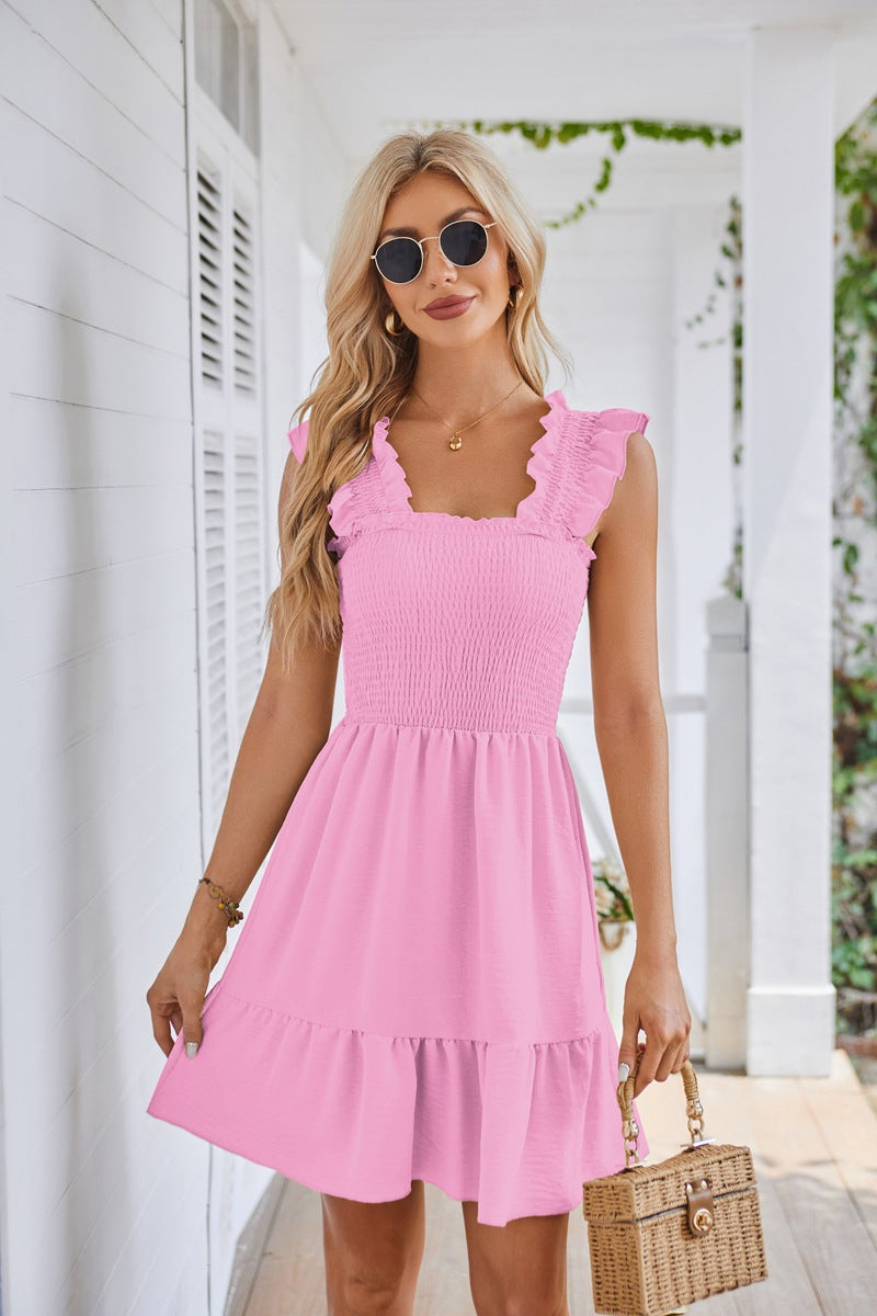 Casual Sleeveless Square Neck Smocked Ruffle Dress