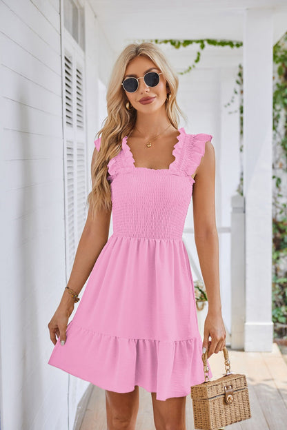 Casual Sleeveless Square Neck Smocked Ruffle Dress