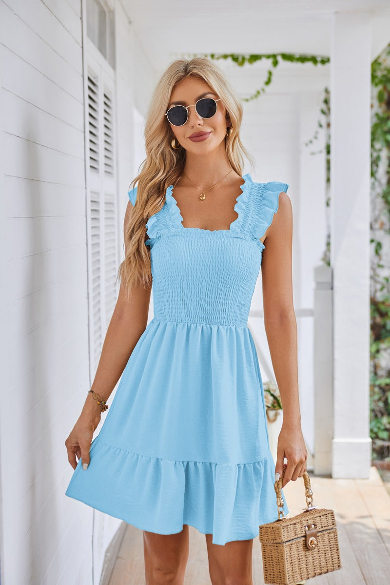 Casual Sleeveless Square Neck Smocked Ruffle Dress