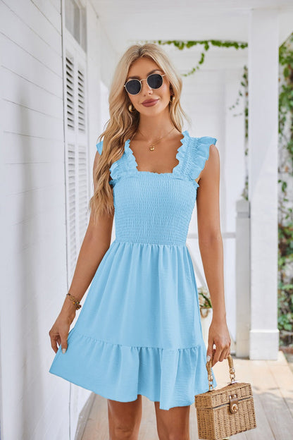 Casual Sleeveless Square Neck Smocked Ruffle Dress