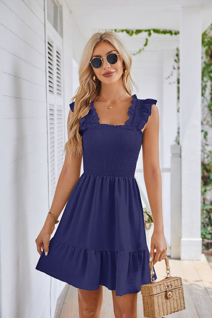 Casual Sleeveless Square Neck Smocked Ruffle Dress