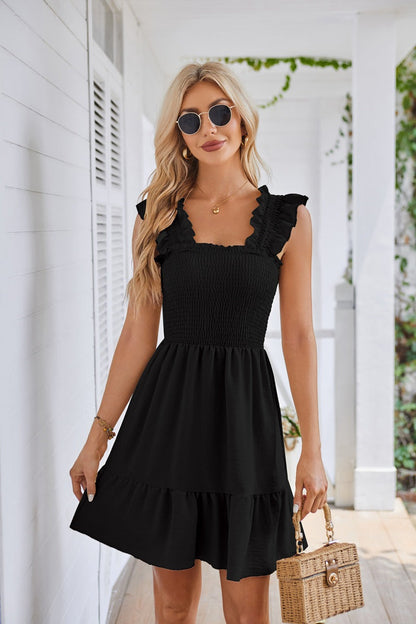 Casual Sleeveless Square Neck Smocked Ruffle Dress
