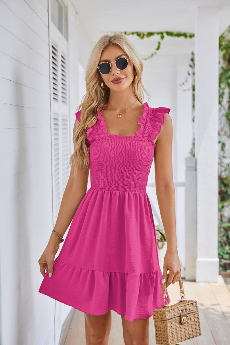 Casual Sleeveless Square Neck Smocked Ruffle Dress