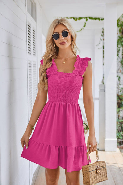 Casual Sleeveless Square Neck Smocked Ruffle Dress